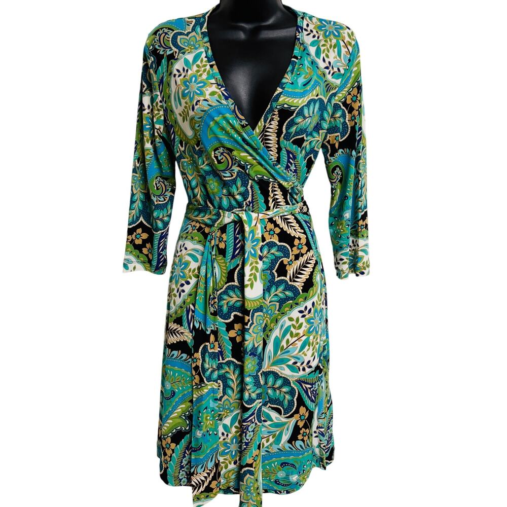 Banana Republic Women Warp Dress Size Small S Blue Green Floral 3/4 Stretch EUC - Picture 1 of 8